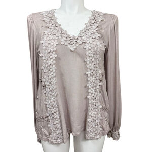 POL Taupe Floral Crochet Boho Long Sleeve Top Size M
